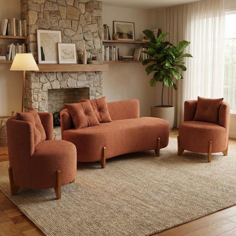 Conjunto 2 Poltronas + Sofá Curvo Orgânico Luna Boucle Terracota - Montanaris Decor