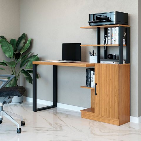 Mesa para Escritório 1 Porta Estilo Industrial em Mdf F17 Freijó Preto Fosco Dalla Costa