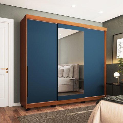 Roupeiro Madri 3 Portas de Correr com Espelho 217x213cm Azul/Freijó 250831