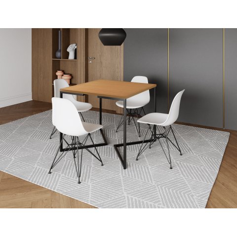 Mesa Industrial Base Ferro Preto em V Tampo 90x90 Canela 4 Cadeiras Eames Ferro Assento Branco