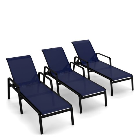 Kit 3 Espreguiçadeira Piscina Alumínio Preto Tela Azul