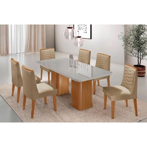Sala Jantar Mesa Maldivas Tampo C/ Vidro Curvo 180cm+6 Cadeiras Maldivas Madeira Naturale/off White