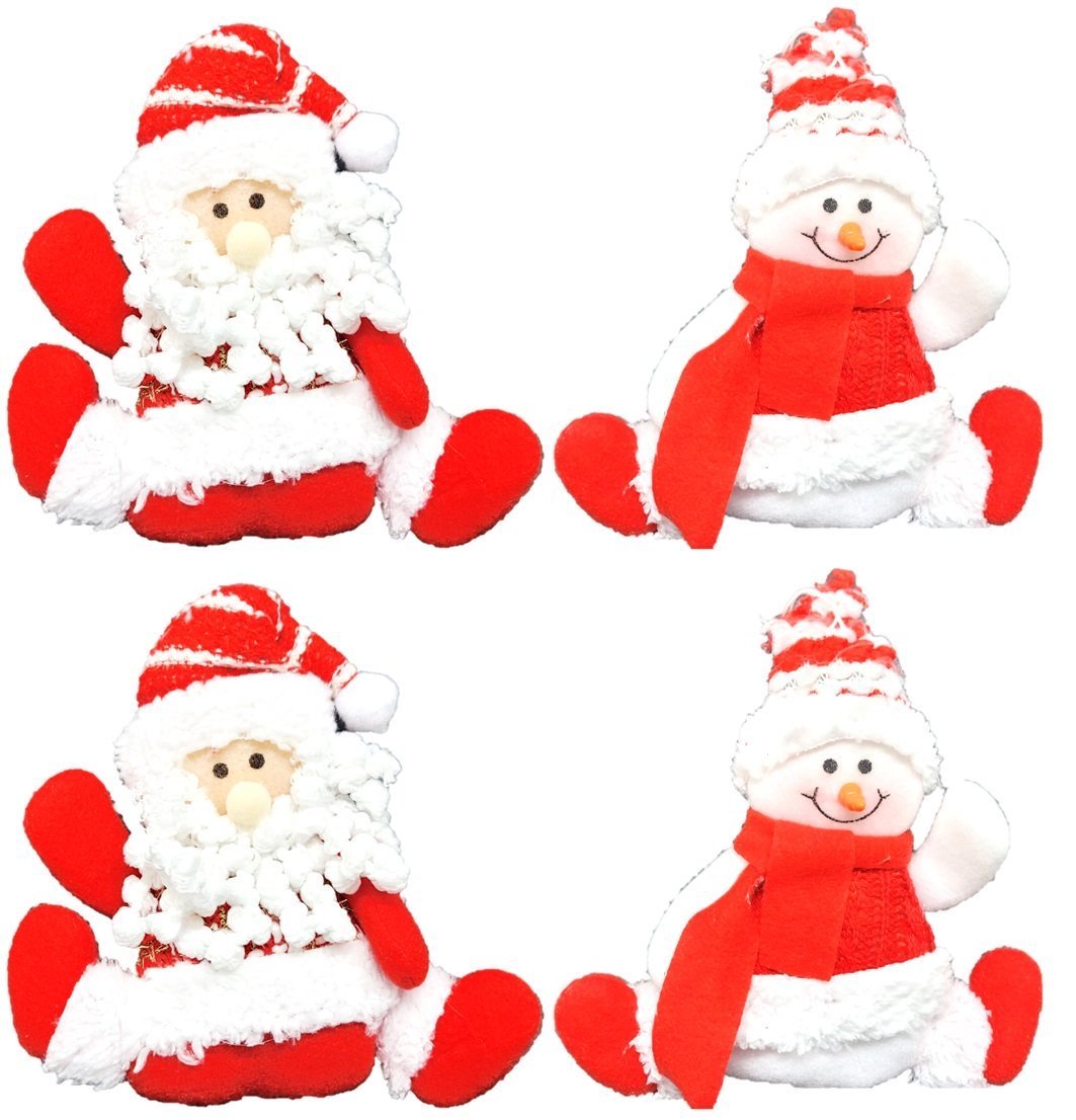 Kit Boneco de Neve e Papai Noel Pelúcia Pendente Vermelho e Branco 16cm 4 Unidades - Master Christma - 1