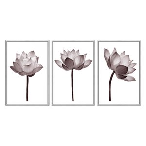 Kit 3 Quadros Decorativos 60x80cm Vidro Flor de Lotus Rose Minimalista Flnt004