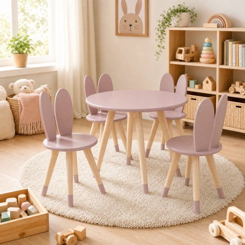Conjunto Coelho Mesa 4 Cadeiras Infantil Pintura PU:Rosê