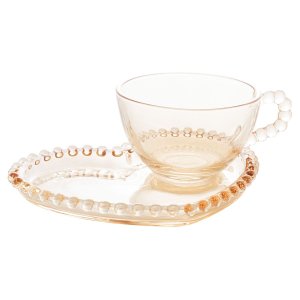 Xícara Chá Cristal C/prato Coração Bolinha Ambar 180ml-unid.