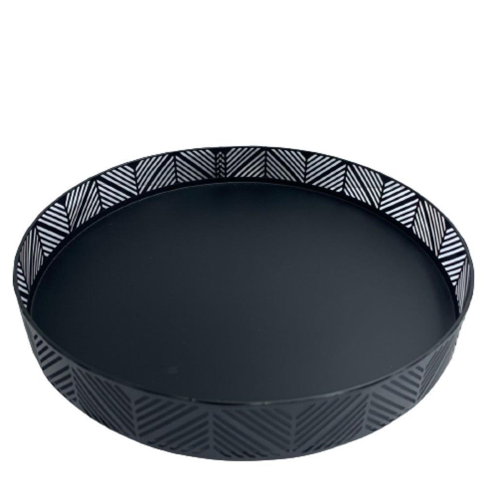 Bandeja decorativa grande redonda preta de metal trabalhada - 1