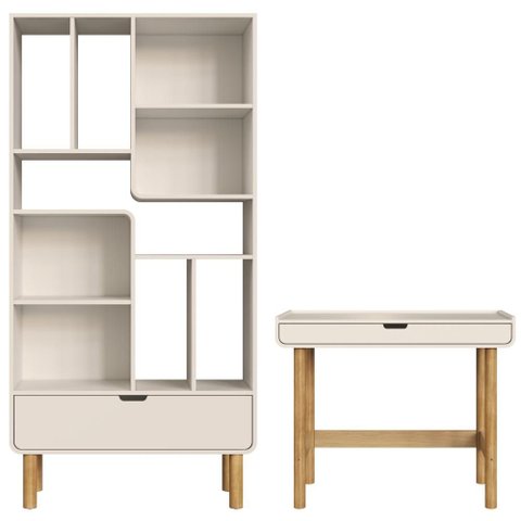Estante Livreiro 180x90 Cm Escrivaninha 100 Cm Pes Madeira Maciça Off White Artesano