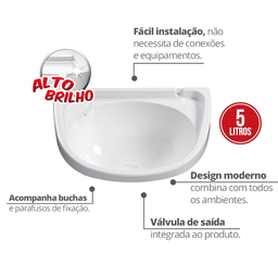 Lavatório Grande Capacidade 5 Litros Linha Bellart Com Válvula Integrada  Cor Branco Durín - 2