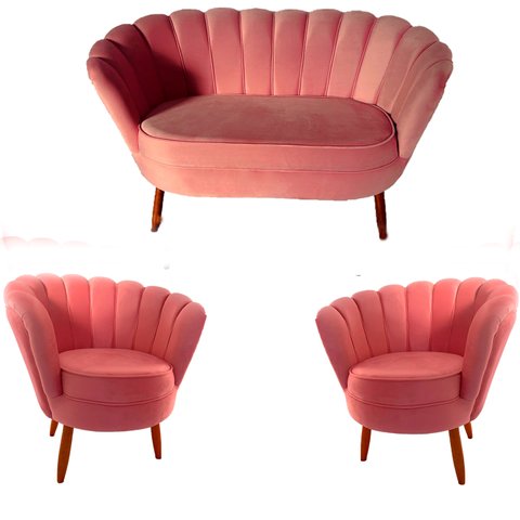 Kit 01 Namoradeira e 02 Poltronas Decorativa Pétala com Pés Madeira Veludo Rosa