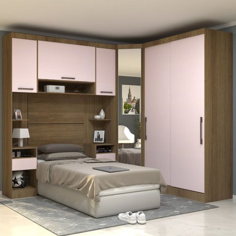 Quarto Modulado Solteiro de Canto 6 Peças 6 Portas Paris Luciane