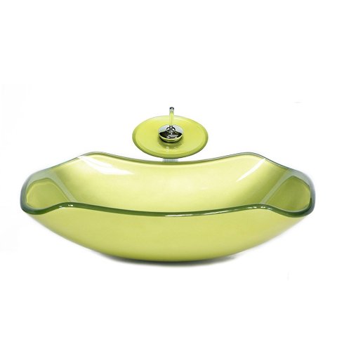 CUBA DE VIDRO ABAULADA 45CM VERDE OLIVA + VALVULA + TORNEIRA CASCATA