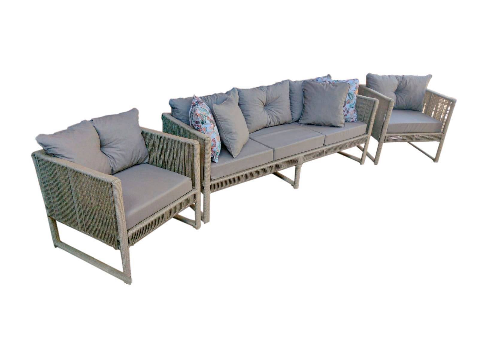 Conjunto de sofá 3L + 2x Poltronas - Corda náutica cor areia/ Alumínio - Karsten Acquablock - Jardim