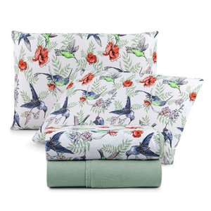 Jogo de Lençol Luar King 4 Peças Malha 100% Algodão Estampado Verde Birds