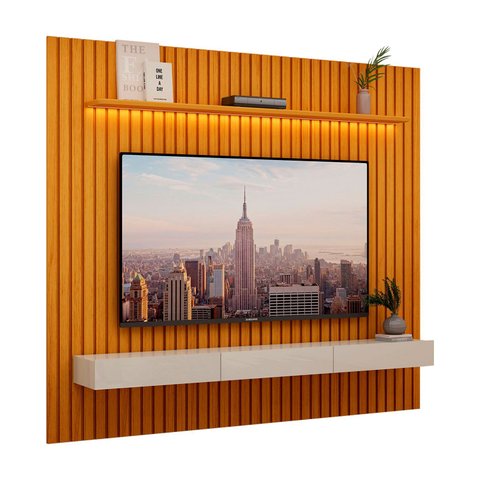 Rack com Painel para Sala Ripado Cleann 2.2 Naturale com Off White ? Móveisaqui Moveisaqui