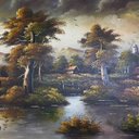 Ver imagem 3 de Quadro Decorativo com Pintura Paisagem Pintada À Mão com Moldura Entalhada Dourada 84X143X7cm