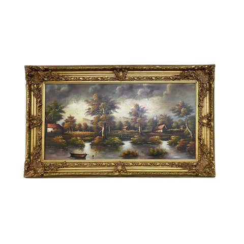 Quadro Decorativo com Pintura Paisagem Pintada À Mão com Moldura Entalhada Dourada 84X143X7cm