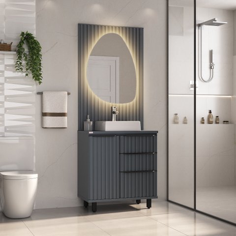 Conjunto Cecília com Pés 78 Cm Painel Ripado Espelho Led - Fabribam
