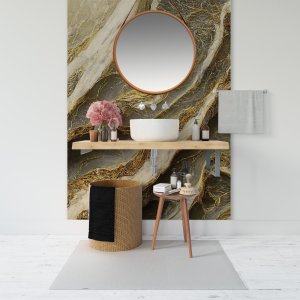 Papel de Parede Painel 3d Mármore Cinza com Dourado Auto 1,5m Colante Lavável Revestimento Brilhoso