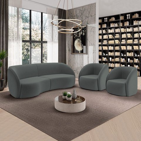 Conjunto Sofá Sala de Estar Bipartido 240cm e 2 Poltronas Clarke Veludo Grafite G45 - Gran Belo