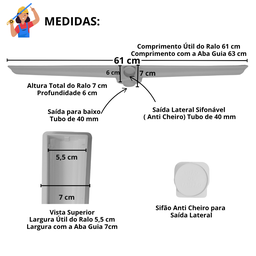 Ralo Linear Seca Box 60cm X 5cm Inox Trilho Escovado Coletor Branco e Tela - 6
