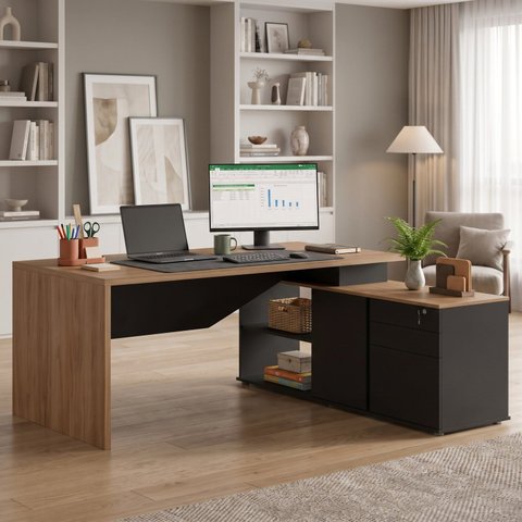 Escrivaninha Mesa de Escritório em L com Armário 3 Gavetas com Chave 180cm Casuá Preta/Itapuã Spring