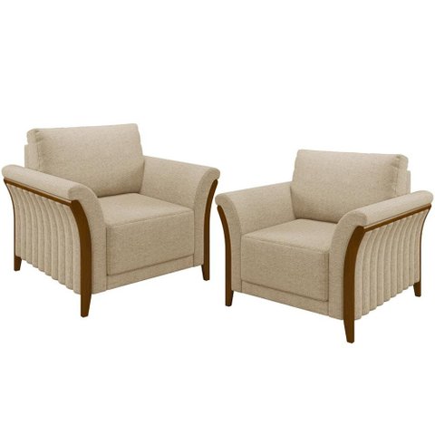 Kit 02 Poltronas para Sala de Estar Decorativas Base Fixa Stefan M03 Linho Bege Escuro - Lyam Decor