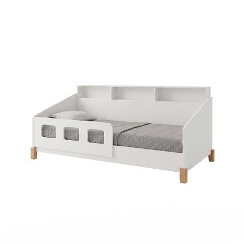 Cama Montessoriana Mavi Juvenil com Colchão Nichos Cabeceira Proteção Lateral Pés Madeira - Branco