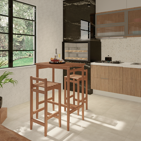 Conjunto de Mesa Bistrô Retangular com Duas Banquetas em Madeira Maciça Espaço Gourmet