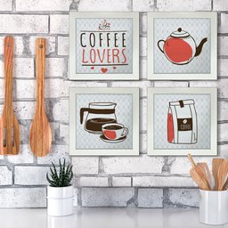 Quadro Decorativo Cozinha Café Padaria Copa 20x20cm Kit 4 un Arte na Arte Moldura Branca - 4