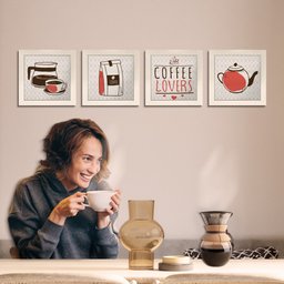 Quadro Decorativo Cozinha Café Padaria Copa 20x20cm Kit 4 un Arte na Arte Moldura Branca - 6