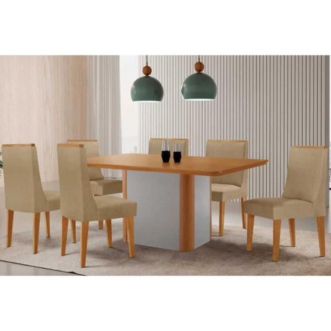 Conjunto: Mesa Sala Jantar Pietá C/ Tampo Madeirado Canto Curvo 180x90cm e 6 Cadeiras Dakota