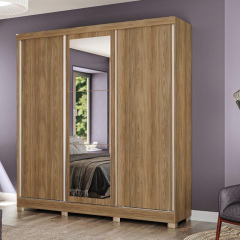 Guarda-roupa Casal Kappesberg 3 Portas Reversiveis de Correr 3 Espelhos 2 Prateleiras Nogueira