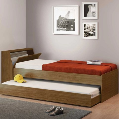 Bicama Cama de Solteiro com Auxiliar e Cabeceira com Baú