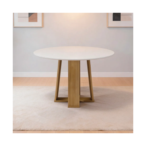 Mesa de Jantar 6 Lugares Redonda 135cm Tampo MDF com Vidro Belly N01 Ypê Off White - Lyam Decor