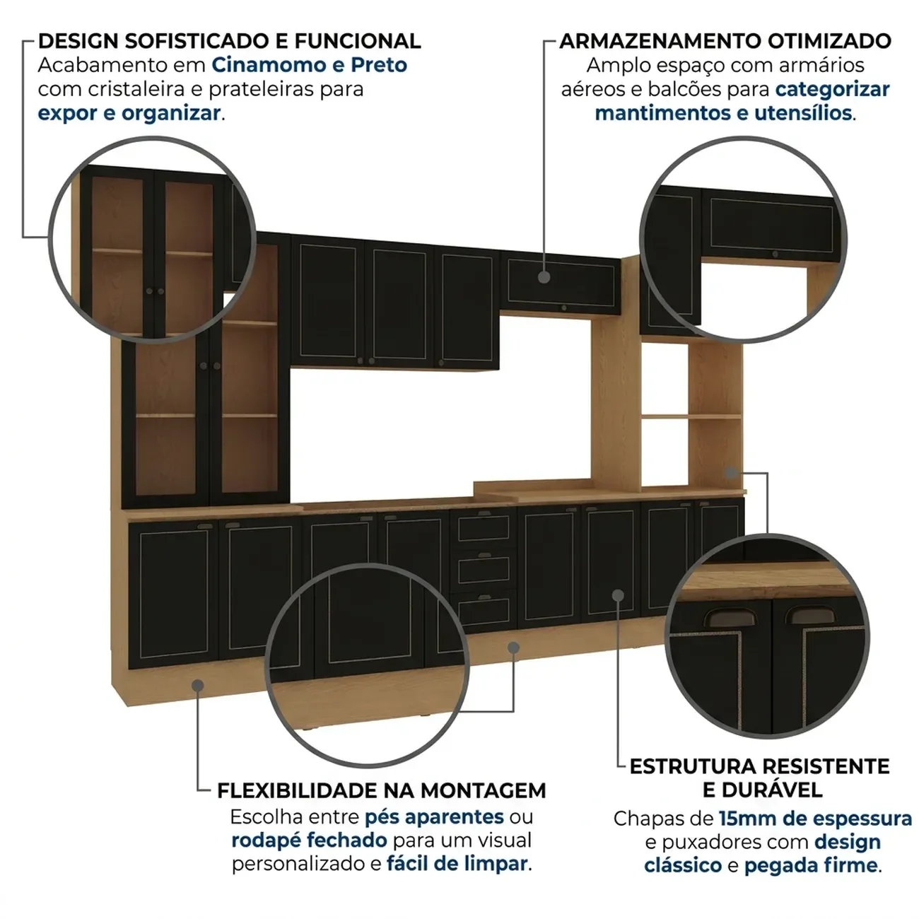 Ver imagem 5 de Cozinha Completa 6 Peças Aéreos, Balcões e Cristaleira Conecta Frise Yescasa Cinamomo/Preto
