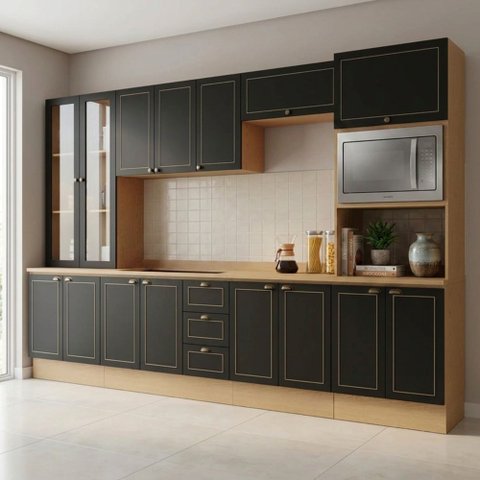Cozinha Modulada 6 Peças Aéreos, Balcões e Cristaleira Conecta Frise Yescasa Cinamomo/Preto