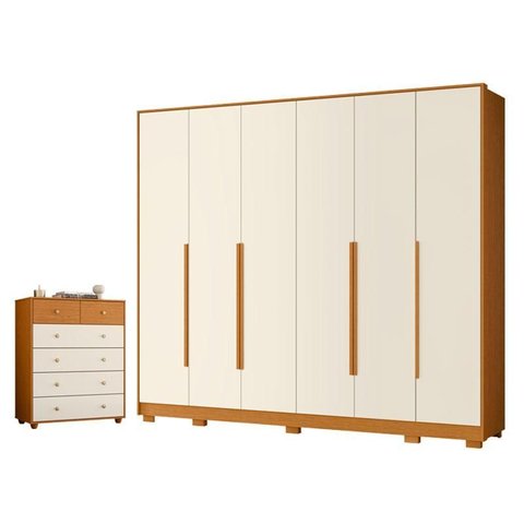 Guarda Roupa Casal Mercure 6 Portas e Cômoda Vittoria 06 Gavetas Cinamomo Off White - Móveis