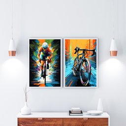 Kit 2 Quadros Arte Colorida Bike - Ciclista 33x24cm - com Vidro:moldura Preta - 2