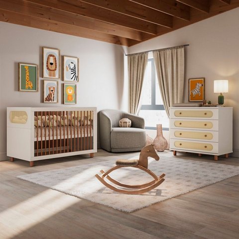 Quarto de Bebê Completo em MDF Aurora Bege Areia/Jequitibá