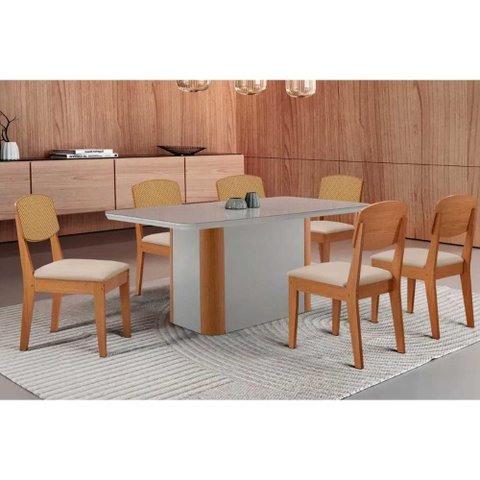Sala Jantar Mesa Pietá Tampo C/ Vidro Curvo 180cm+6 Cadeiras Havana Naturale/off White - Suede