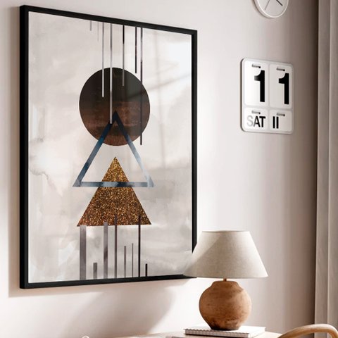 Quadro Decorativo Abstrato Geométrico em Moldura Caixa TaColado Moldura Trad 1cm Preta com Vidro 30 