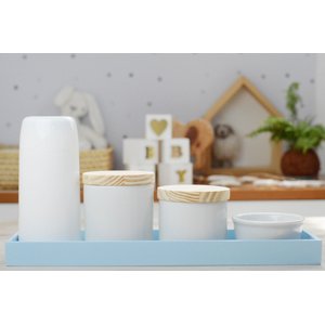 Kit Higiene Bebê Moderno Porcelanas Bandeja Mdf Maternidade Térmica K013 - Azul