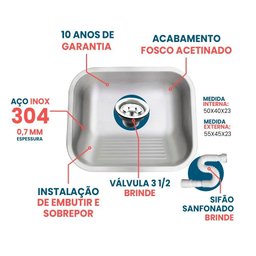 Tanque Inox 50x40 Grande 304 Fosco- Sobrepor-embutir+válv - 2