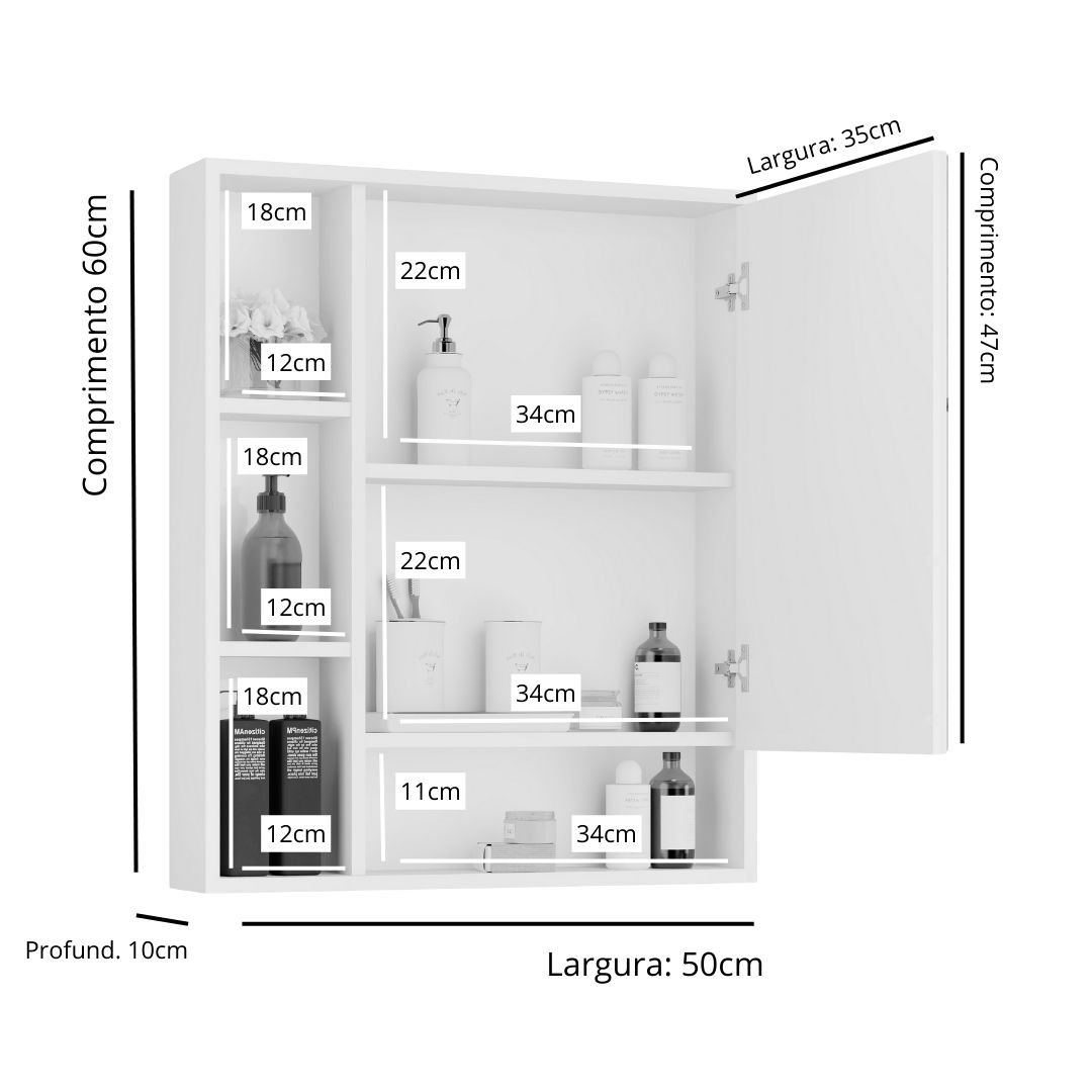 Aparador Suspenso Espelho para Banheiro Branco com Nichos e Prateleiras - 3