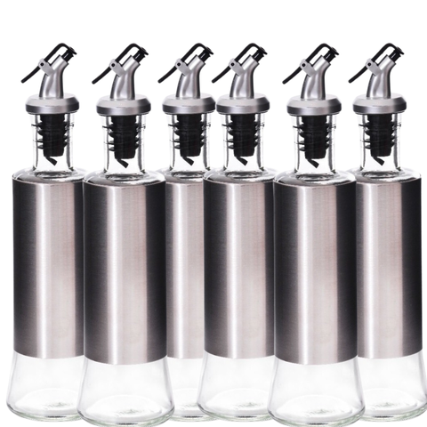 Kit 6 Galheteiro Azeite Vinagre 300ml Vidro Aço Inox com Dosador