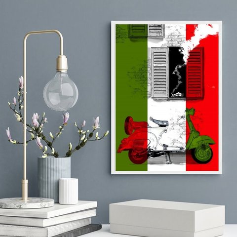 Quadro Vespa - Bandeira Itália 24x18cm - com Vidro:madeira Preta