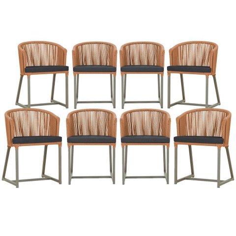 8 Cadeiras de Jantar Área Noronha em Alumínio com Pintura Fendi Corda Náutica Estofado 11 Trama Orig