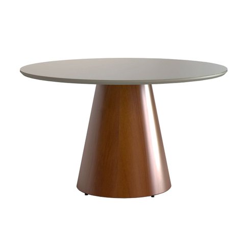 Mesa de Jantar Redonda 130cm Liz com Base Cone Amadeirado Tampo Vidro Off White CCS