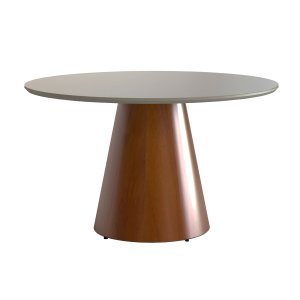 Mesa de Jantar Redonda 130cm Liz com Base Cone Amadeirado Tampo Vidro Off White Ccs